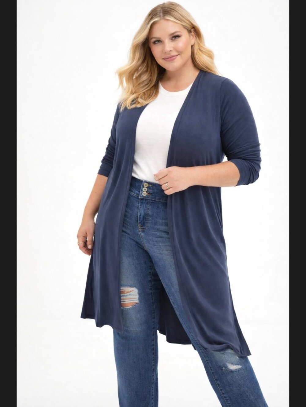 Torrid Studio Duster Cardigan 1X Navy Blue Longline Open Front Knit NWT Stretch